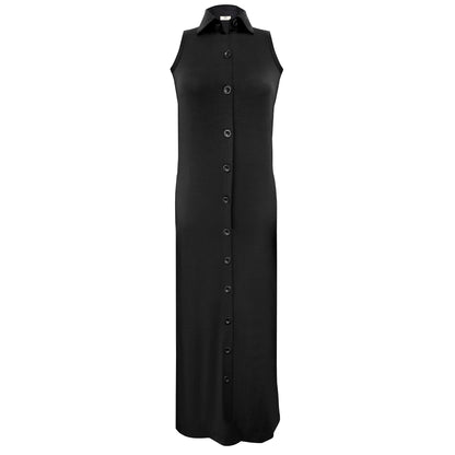 Imagen de maxi vestido camisero orgánico sin mangas en negro hecho de Lyocell por Organique.