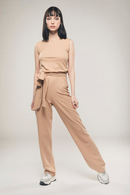 Image of light brown organic Jumpsuit made by Organique, a sustainable clothing brand.