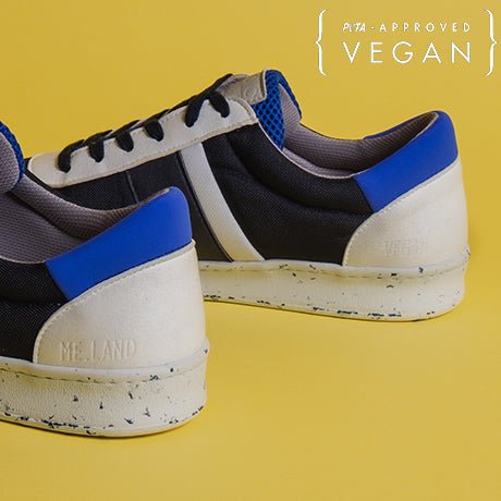ME.LAND VIVACE vegan and recycled sneaker in navy, white and blue printed heel detail