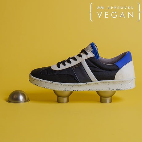ME.LAND VIVACE vegan and recycled sneaker in navy, white and blue side view